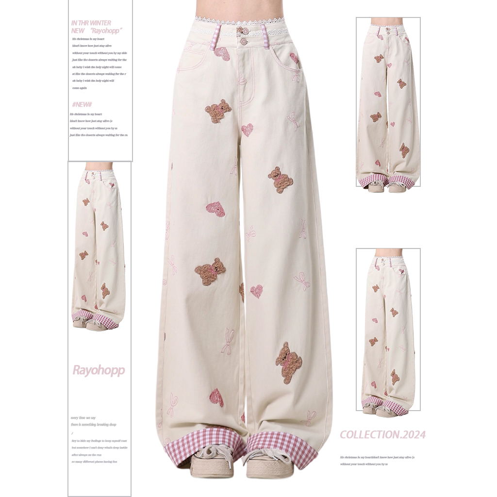 Rayohopp牛仔裤女冬季加绒加厚小熊格子拼接宽松甜妹风直筒阔腿裤