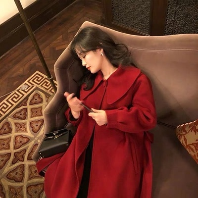 FAN秋新品【原*价1198】圣诞红小个子娃娃领A摆100澳毛双面呢大衣