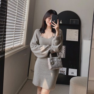 价610 原 亲肤浣熊绒吊带假两件针织连衣裙 秋新品 FAN