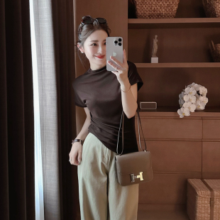 JU好穿 新品 高知分子大弹力半高领羊毛天丝棕短上衣 夏季 FAN