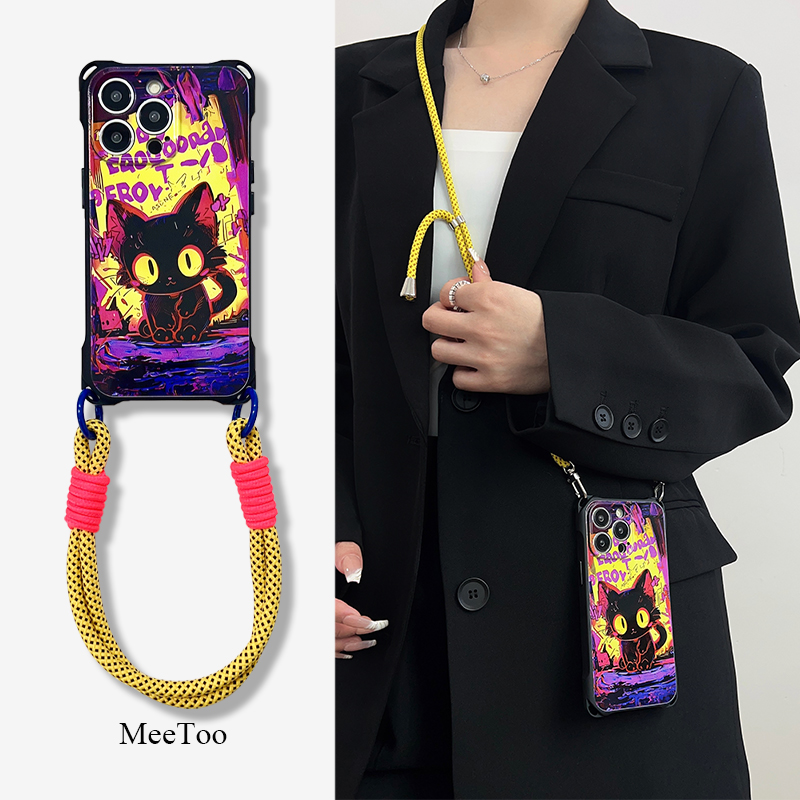 涂鸦猫咪挂绳斜挎手机壳适用15PROMAX华为mate60pro+手提背带14PRO四角开孔12全包防摔黑色小米14荣耀100