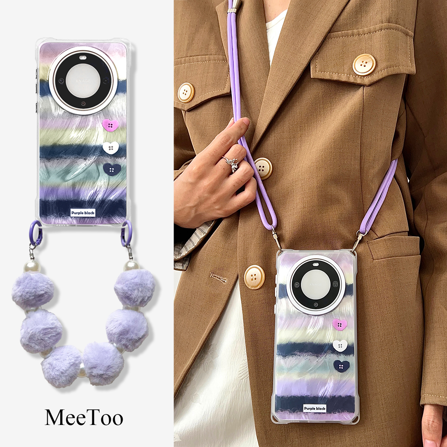 爱心纽扣适用于华为mate80pro手机壳挂绳斜挎小米15ultra个性创意背带斜挎mate70/60手提腕带苹果17pm保护壳