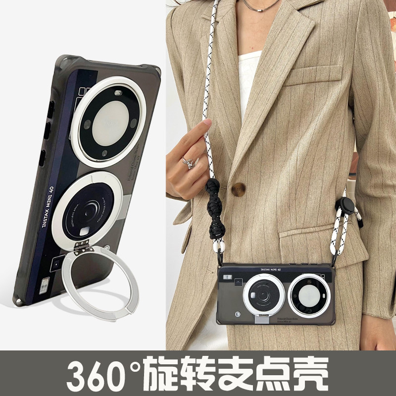 创意照相机360°磁吸旋转支架手机壳带挂绳适用于华为mate60/70oppofindx7手提斜挎vivox200ultra防摔硬壳15u