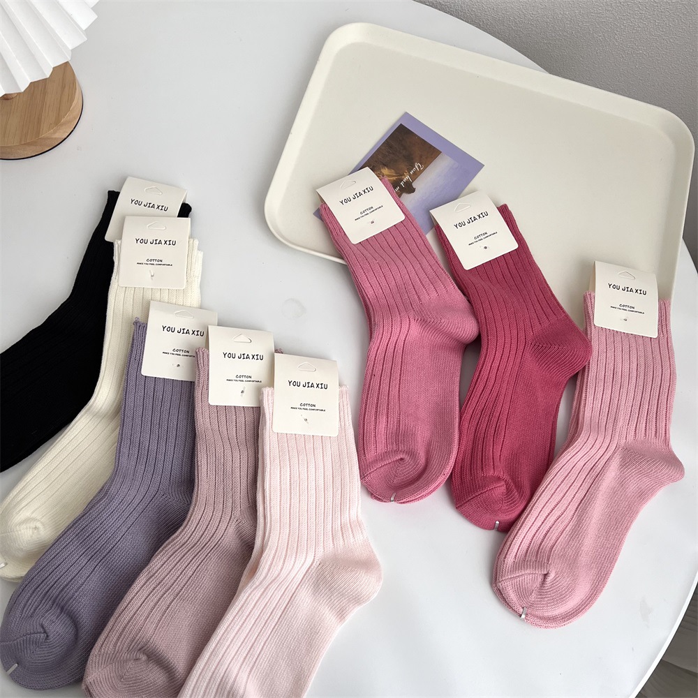 颜色都太好看了 粗线粉色袜子女中筒春秋日系ins潮奶白纯色堆堆袜