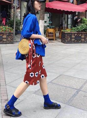 mona宝蓝色袜子女韩国春秋ins超火的凉鞋袜子中筒纯色紫色堆堆袜