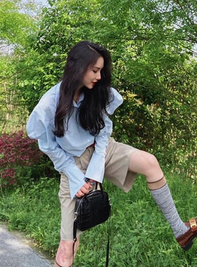 mona同款灰色袜子春秋韩国学院风网红拼色复古显瘦长筒小腿及膝袜