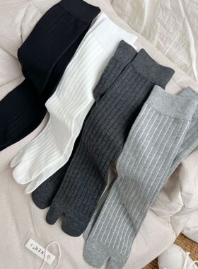 灰色薄款宽竖条纹显瘦分日系百搭分趾女纯色二趾堆堆中长筒袜ins