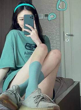 绿色袜子女韩版纯色ins超火竖条纹中筒袜日系堆堆袜四季百搭潮袜
