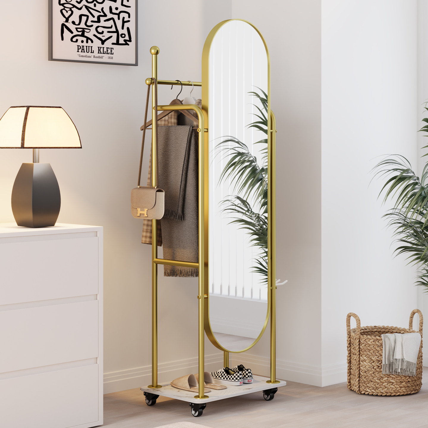 多功能移动旋转全身镜挂衣架一体