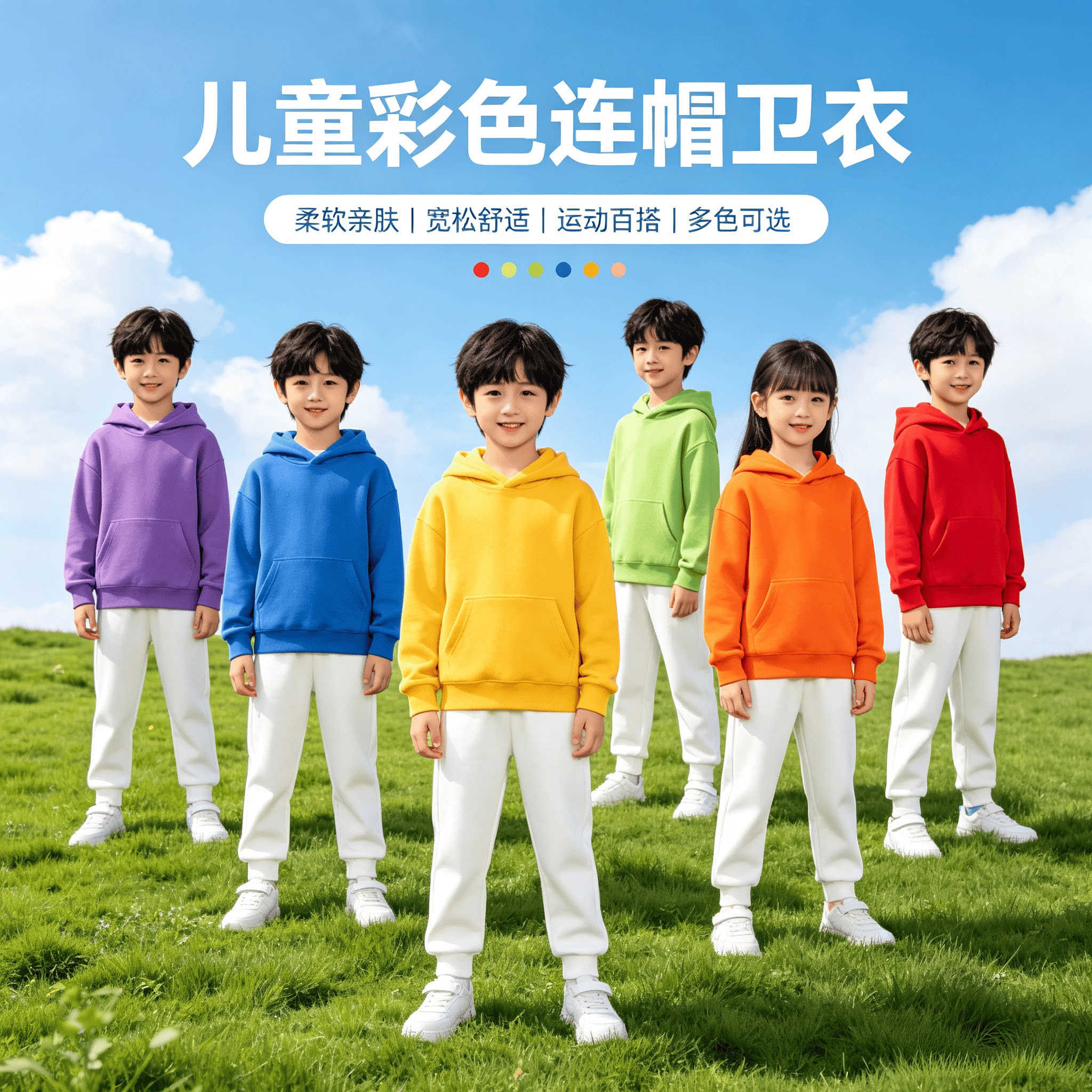 儿童彩色卫衣连帽长袖外套小学生幼儿园运动会班服糖果色亲子套装