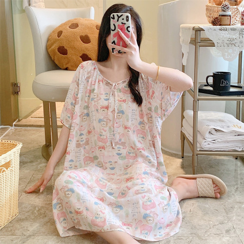 新款睡裙女纯棉绸人造棉绸可外穿加大码宽松韩版连衣裙睡衣家居服