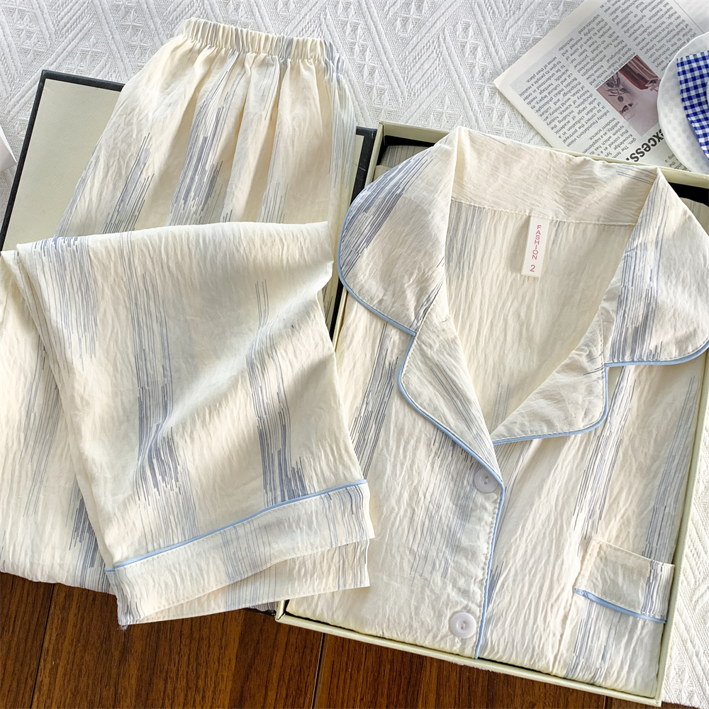 云朵棉睡衣女甜美可外穿开衫长裤套装条纹时尚简约韩版宽松家居服