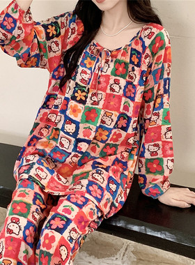 纯棉绸睡衣女时尚少女宽松韩版长袖长裤套装春夏秋可外穿休闲家居