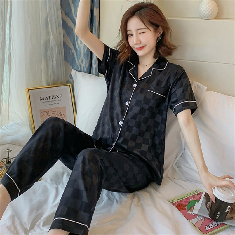 冰丝睡衣女夏家居服套装翻领真丝