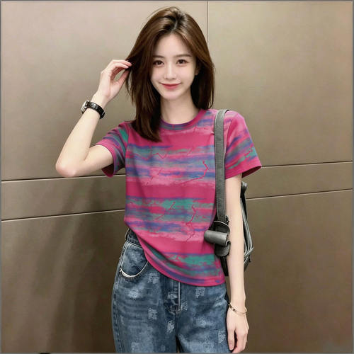 复古做旧扎染流行圆领短袖T恤女