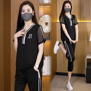 胖妹妹休闲运动套装夏季大码女装胖妹妹时尚v领上衣七分裤两件套