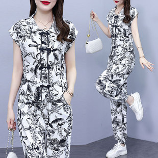女装 盘扣水墨画印花休闲复古两件套装 2026夏季 胖妹妹时尚 新款 大码