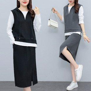 2025春装休闲运动风套装裙大码长袖连帽假两件两件套女