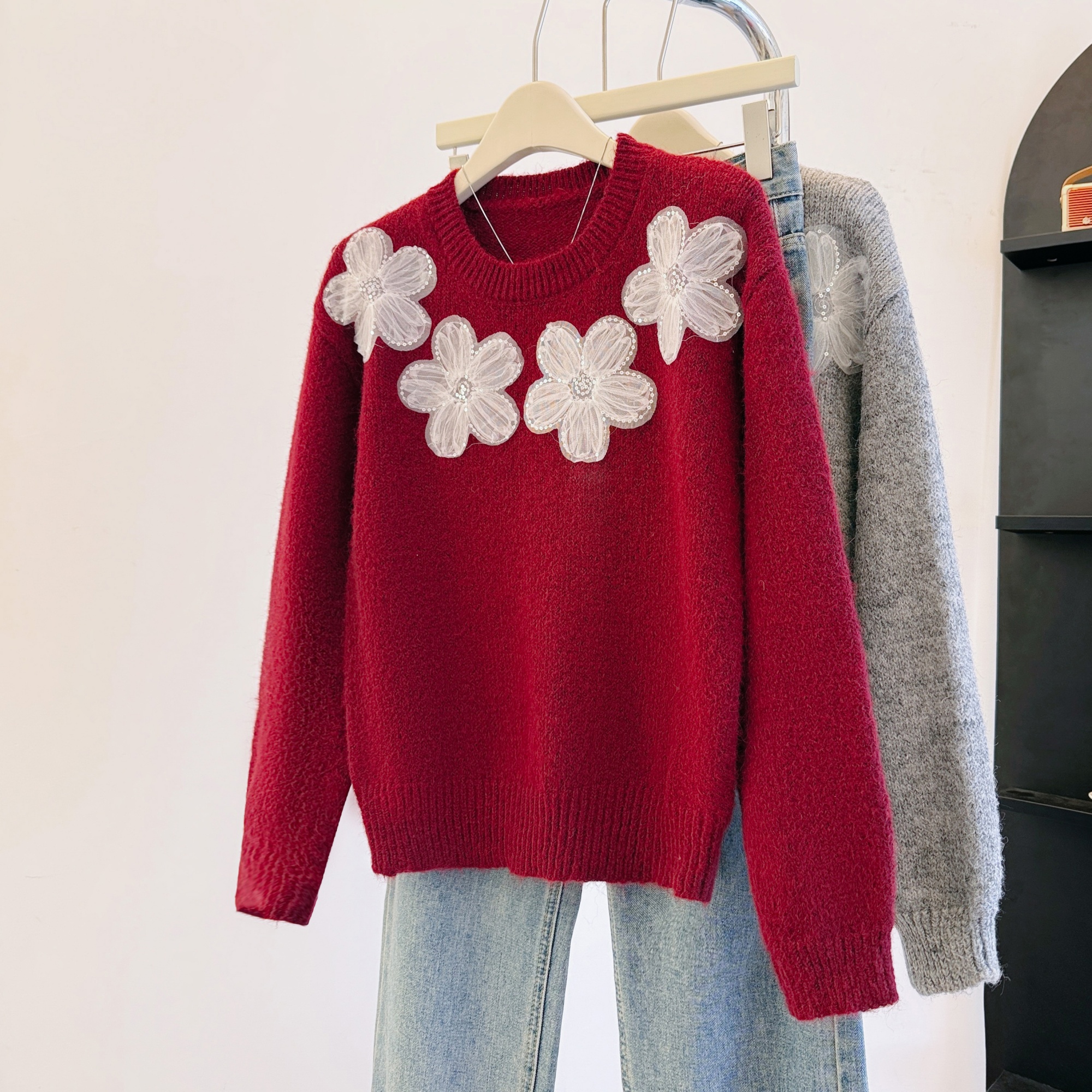 大码女装红色长袖针织衫女