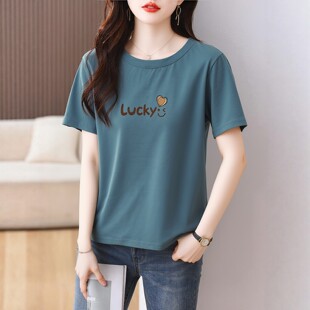 蓝色圆领正肩半袖 夏装 t恤女2026夏季 短袖 体恤流行上衣服 漂亮新款