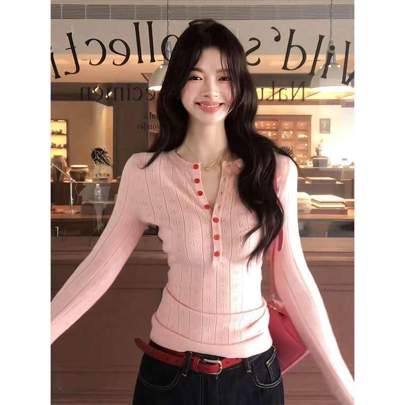 韩系甜美粉色V领长袖针织衫女秋冬修身内搭打底衫巨好看辣妹上衣,女装/女士精品,毛针织衫,淘宝优惠券,粉丝福利购,淘宝优惠卷