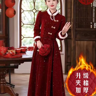 红色订婚礼服裙女冬季加绒旗袍