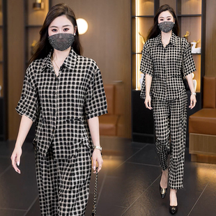 套装 女2026夏装 新款 大码 裤 时尚 胖mm遮肚显瘦洋短袖 子两件套 女装