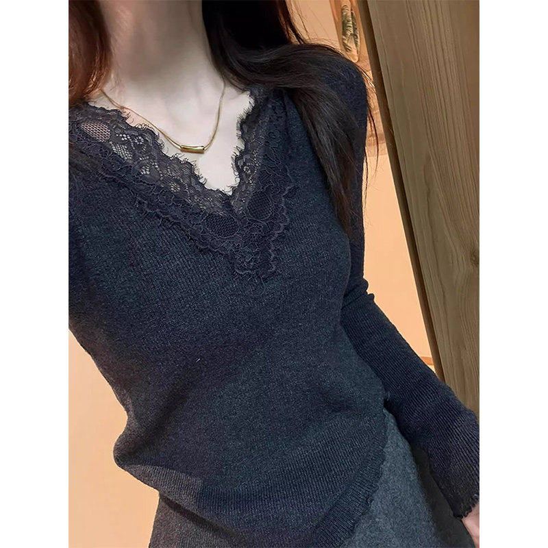 高级感黑色v领蕾丝打底衫女秋冬季不起球针织衫皮草内搭上衣女款,女装/女士精品,毛针织衫,淘宝优惠券,粉丝福利购,淘宝优惠卷