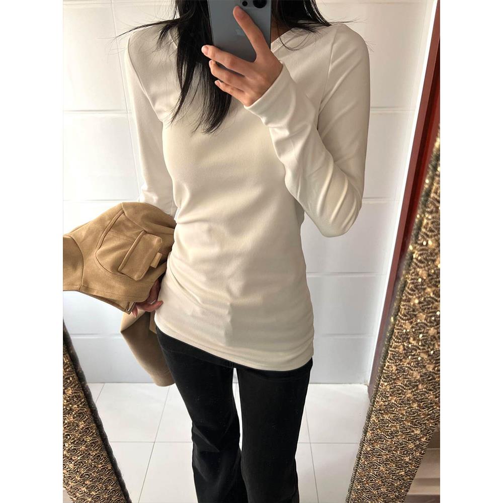 白色德绒正肩长袖T恤女
