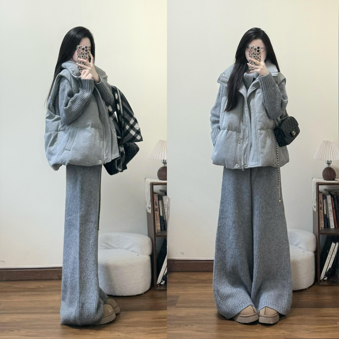 灰色针织毛衣棉服马甲阔腿裤套装