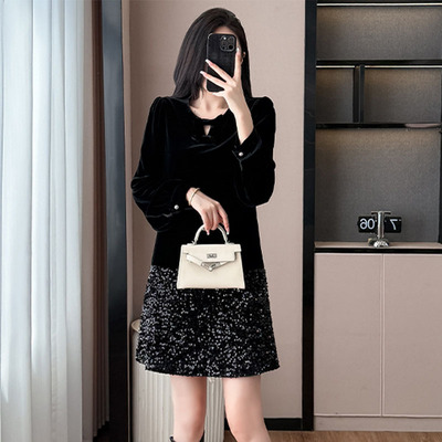 大码女装法式丝绒拼接亮片连衣裙