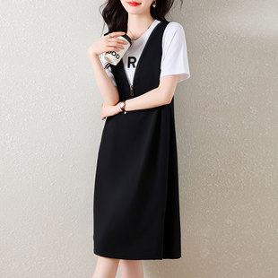 欧洲站大码休闲宽松连衣裙女2025年夏新款胖MMt恤背带裙假两件套