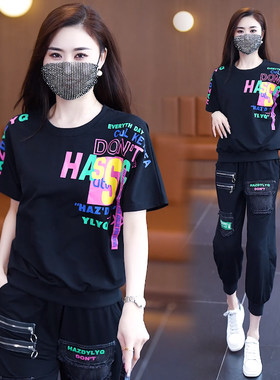 夏季拼接牛仔印花短袖裤子两件套