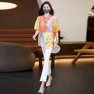 夏季大码高级感时尚洋气时髦V领烫钻印花雪纺衬衫+套装女