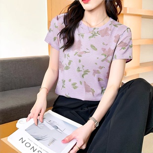 设计感小众时尚 夏季 2025年新款 印花纯棉短袖 减龄上衣 圆领t恤女装