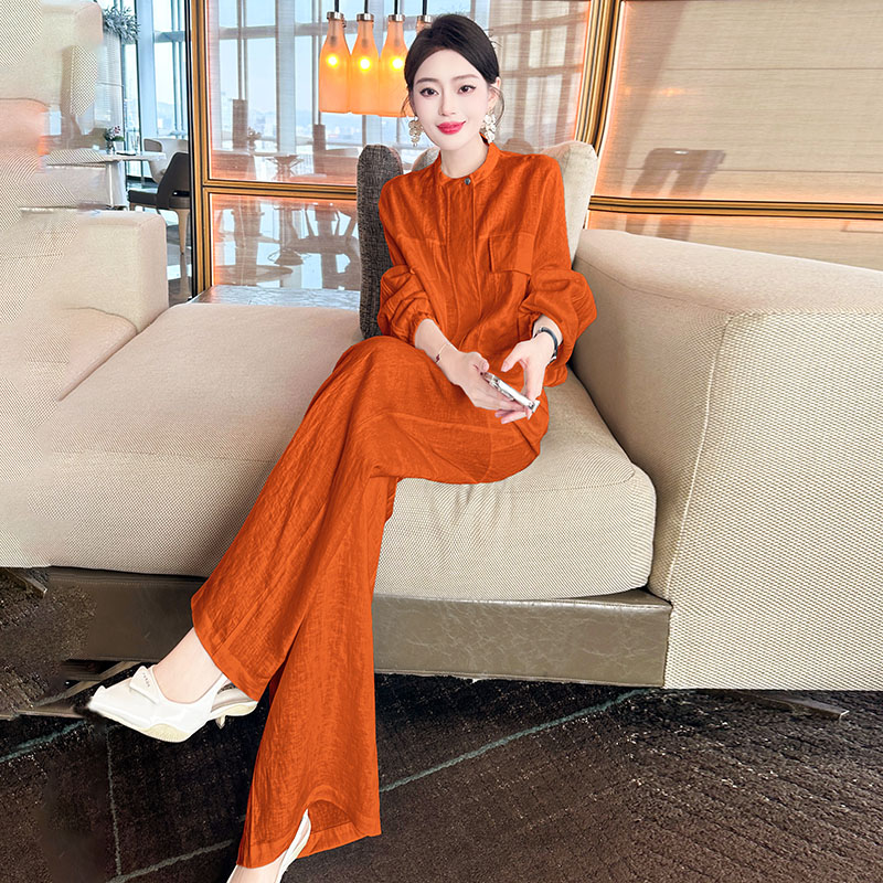 橘红色工装衬衫+阔腿裤两件套女