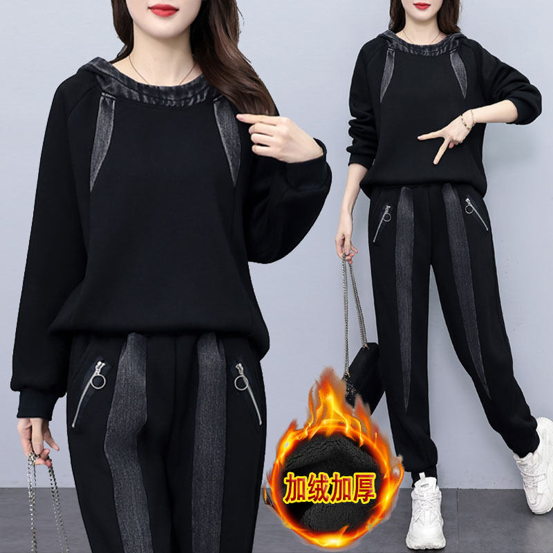 胖妹妹冬季时尚加厚加绒套装女士宽松拼接牛仔连帽两件套大码女装