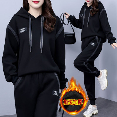 加绒加厚牛仔连帽卫衣休闲套装女