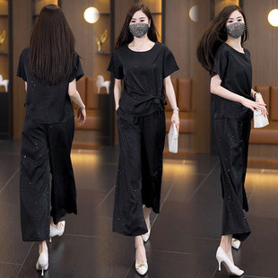 大码时尚烫金片洋气休闲套装女2025夏季新款胖妹妹宽松减龄两件套