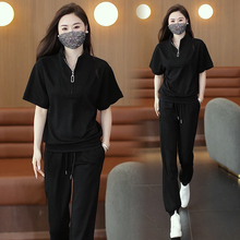 大码女装2025夏季新款时尚套装胖MM宽松显瘦休闲运动妈妈装两件套