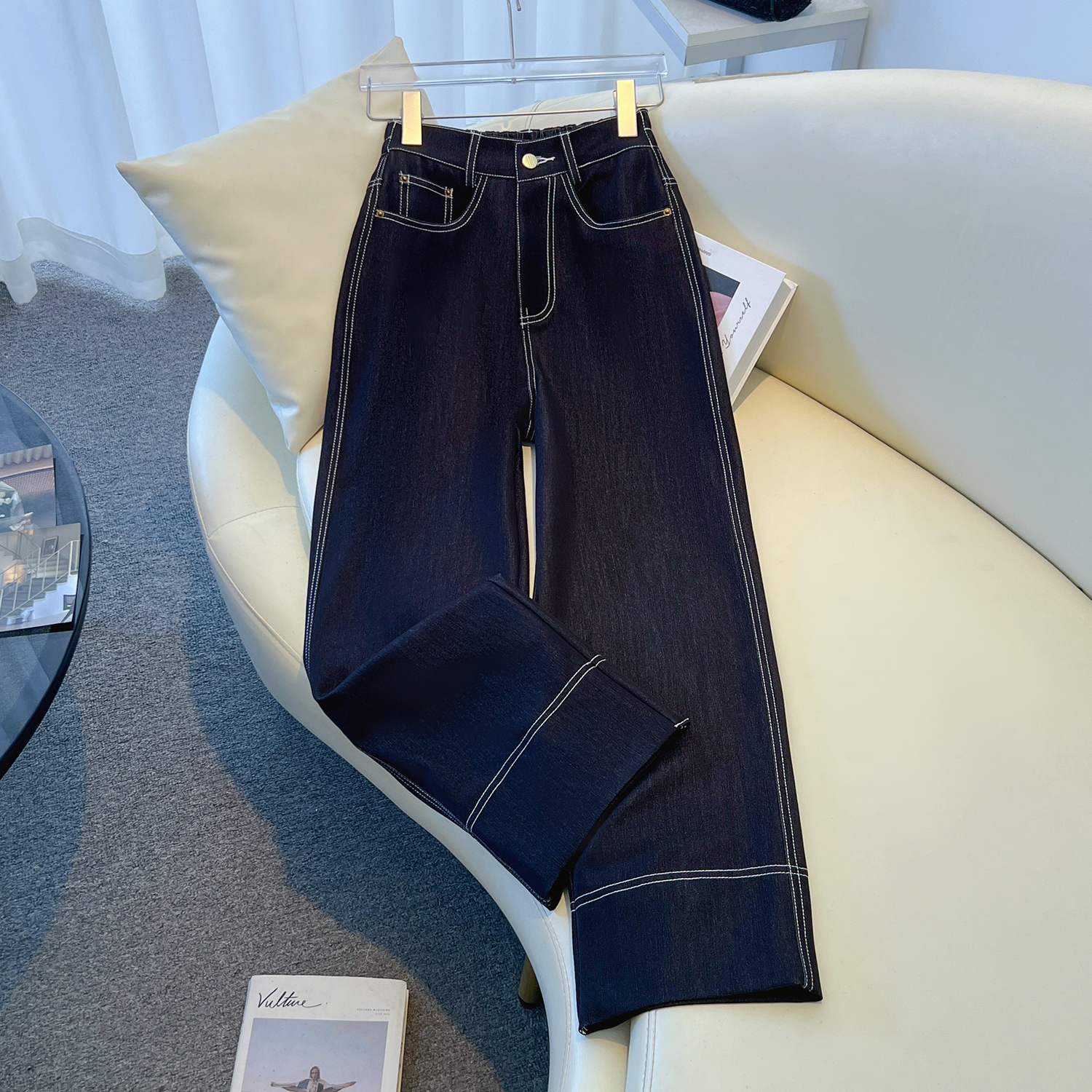 大码女装直筒休闲黑色弹力牛仔裤