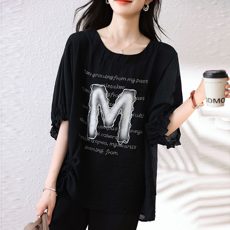 大码2025夏季新款洋气时尚小衫气质印花烫钻胖妹妹遮肉服,女装/女士精品,大码内搭,淘宝优惠券,粉丝福利购,淘宝优惠卷