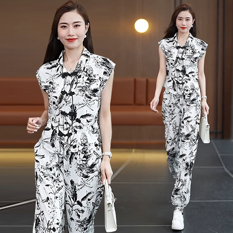 胖妹妹时尚盘扣水墨画印花休闲套装女2025夏季新款大码两件套
