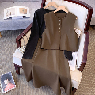 新款复古气质马甲长袖连衣裙显瘦两件套女2026年春季胖MM时尚套装