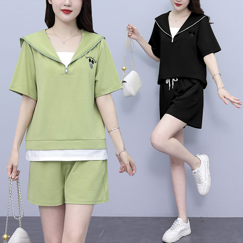 胖mm显瘦假两件短袖卫衣+高腰短裤两件套女夏季大码女装休闲套装