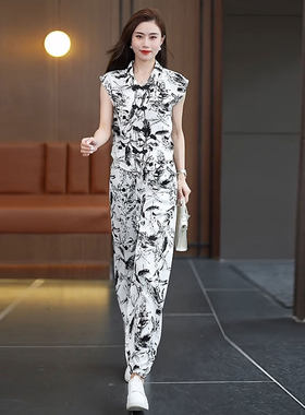 时尚盘扣水墨画印花休闲套装女