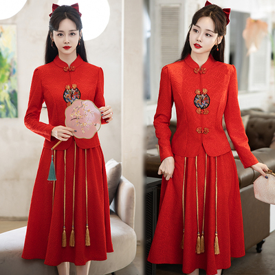 红色新中式国风连衣裙套装