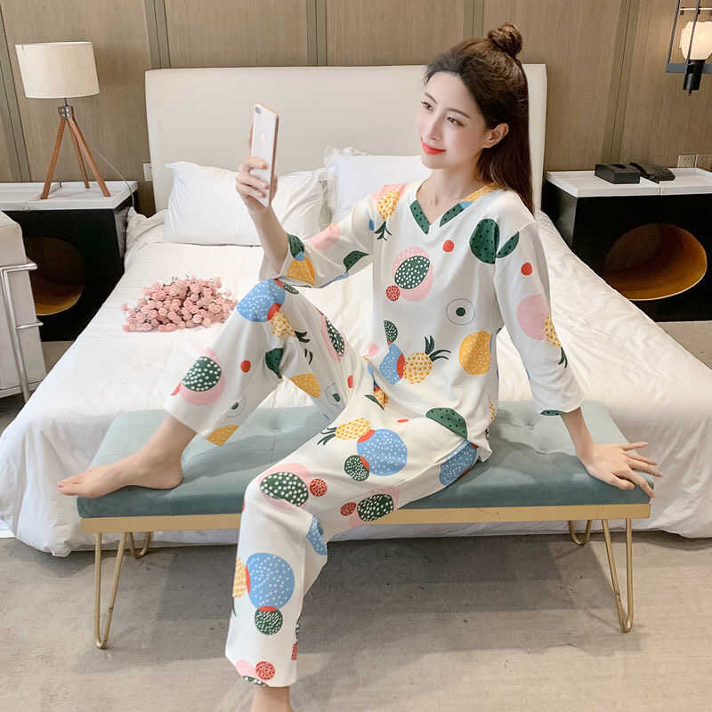 新款韩版七分袖纯棉睡衣女春夏薄款可爱九分裤家居服套装少女春秋