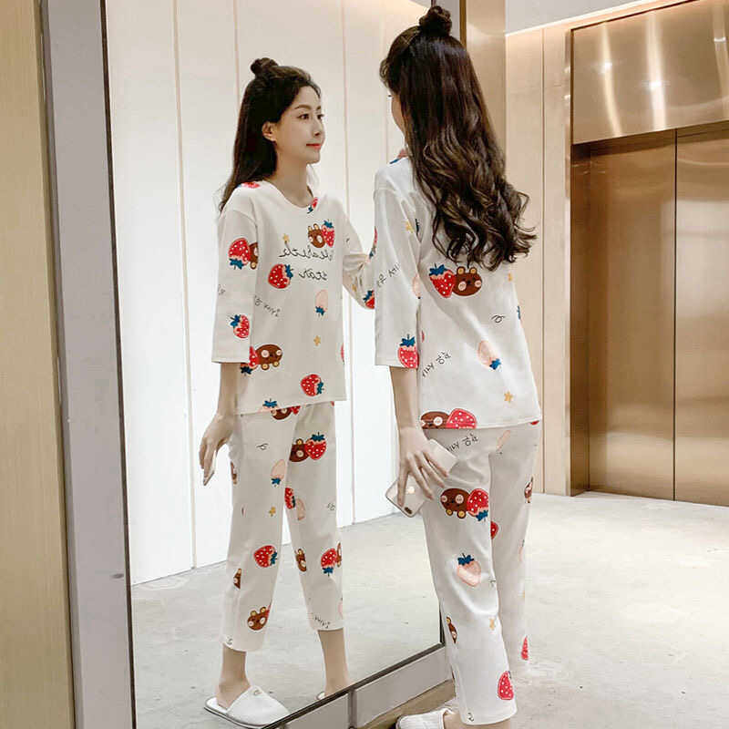 高档新款七分袖纯棉睡衣女春夏薄款可爱九分裤家居服套装少女春秋