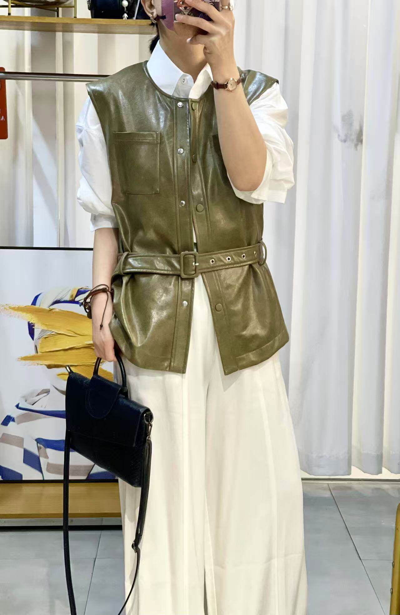 2026春季新款橄榄绿PU皮马甲女 立领收腰系带无袖背心外搭